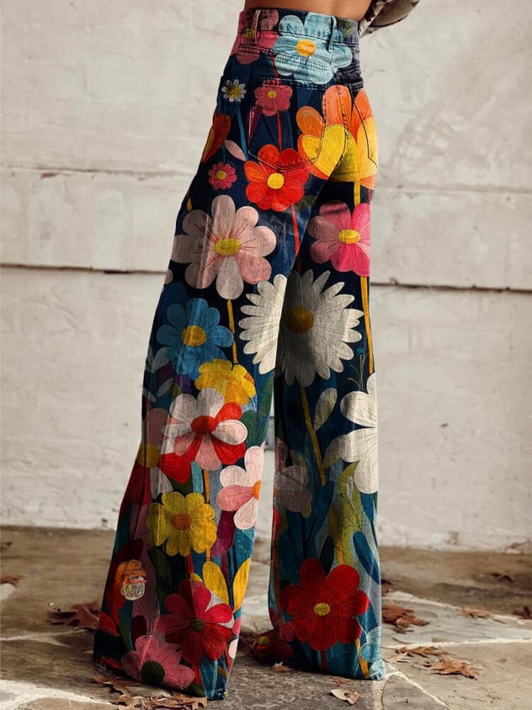 Women's Colorful Flower Geometric Pattern Print Casual Wide