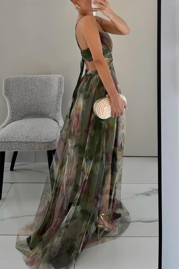 Eirith ™ | Elegant Printed Lace-Up Maxi Dress
