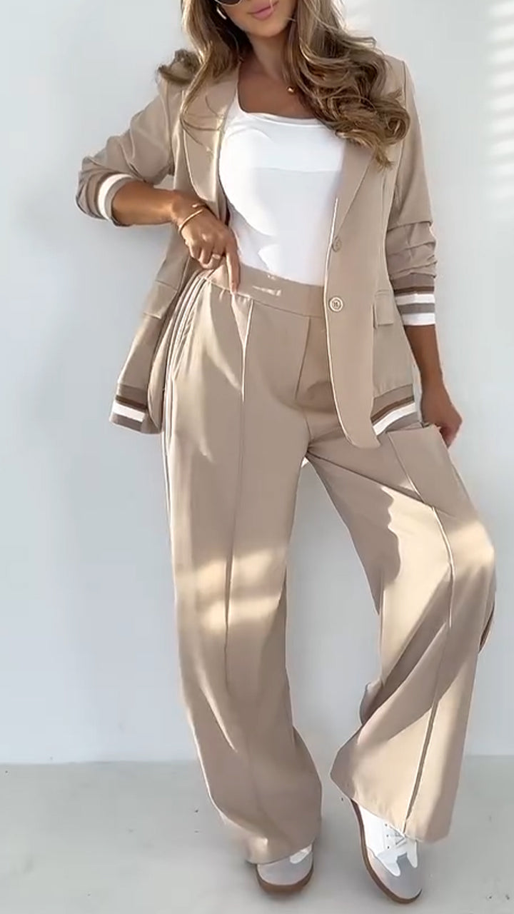 Elena - Lapel Solid Color Striped Casual Suit