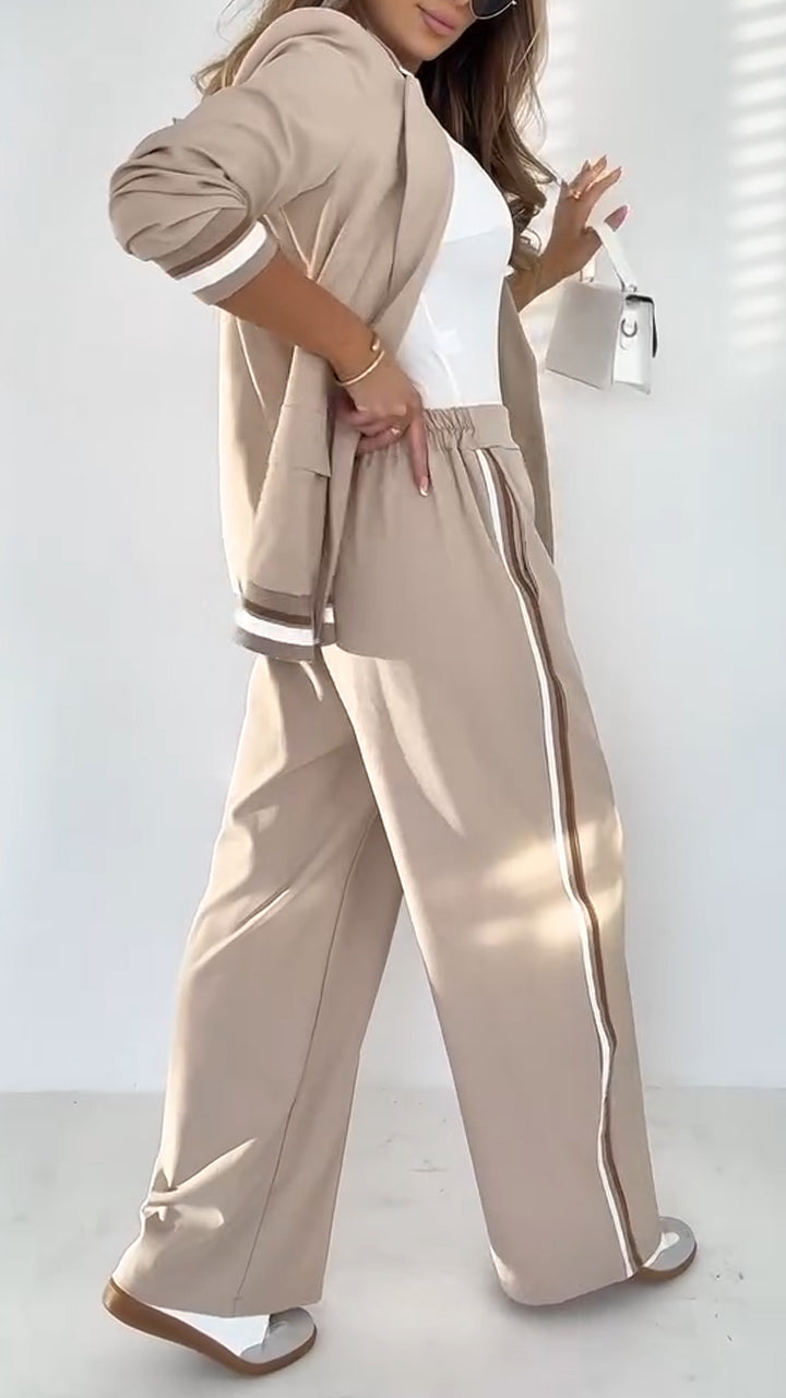 Elena - Lapel Solid Color Striped Casual Suit