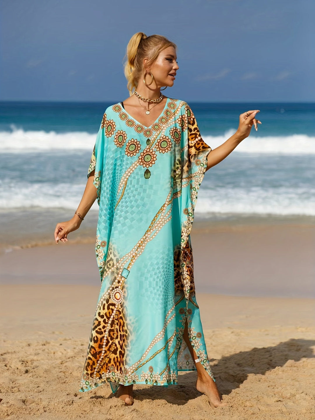 SERENA – VIBRANT TURQUOISE BEACH KAFTAN 🌴✨