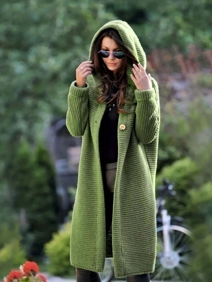 Freda - Long and warm knitted cardigan with hooded design
