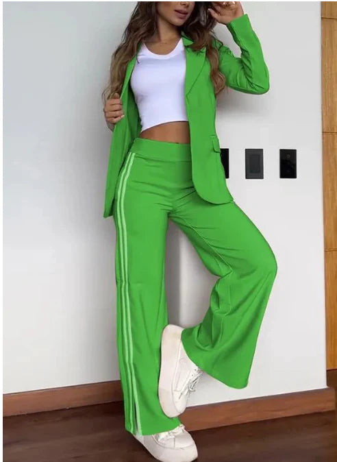 Elena - Lapel Solid Color Striped Casual Suit