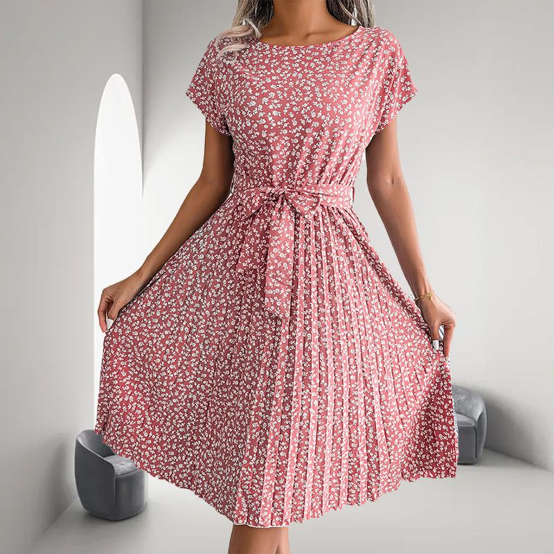 GRACE – FLORAL SHORT-SLEEVE PLEATED DRESS 🌸✨